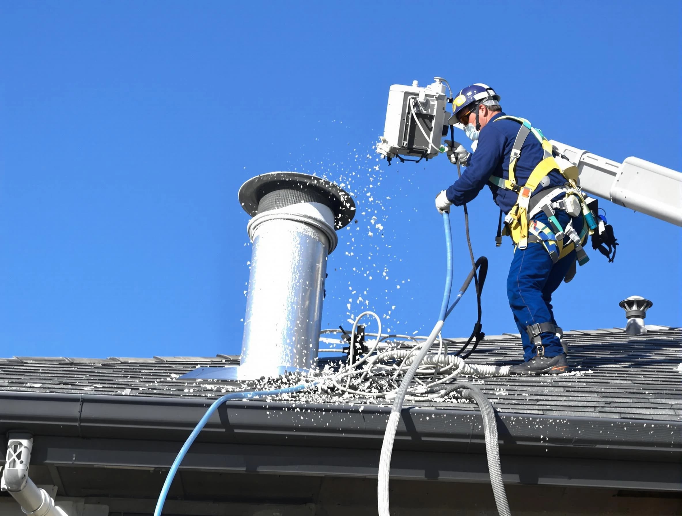 Pleasant Grove Dryer Vent Cleaning certified technician safely cleaning a roof-mounted dryer vent in Pleasant Grove