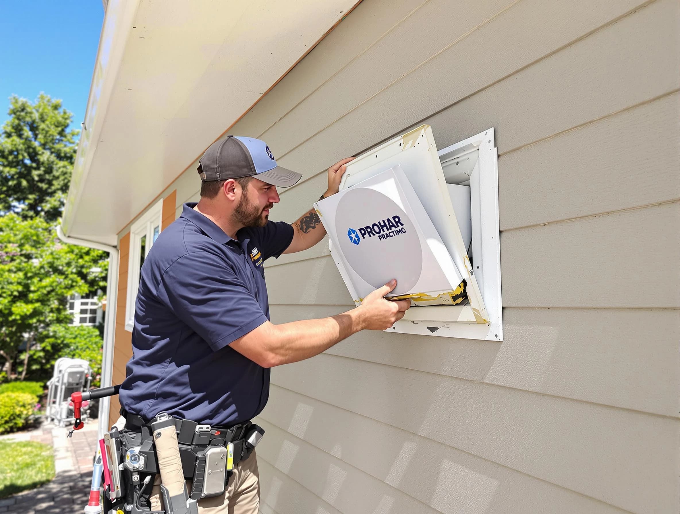 Pleasant Grove Dryer Vent Cleaning technician installing a new protective dryer vent cover on a home in Pleasant Grove