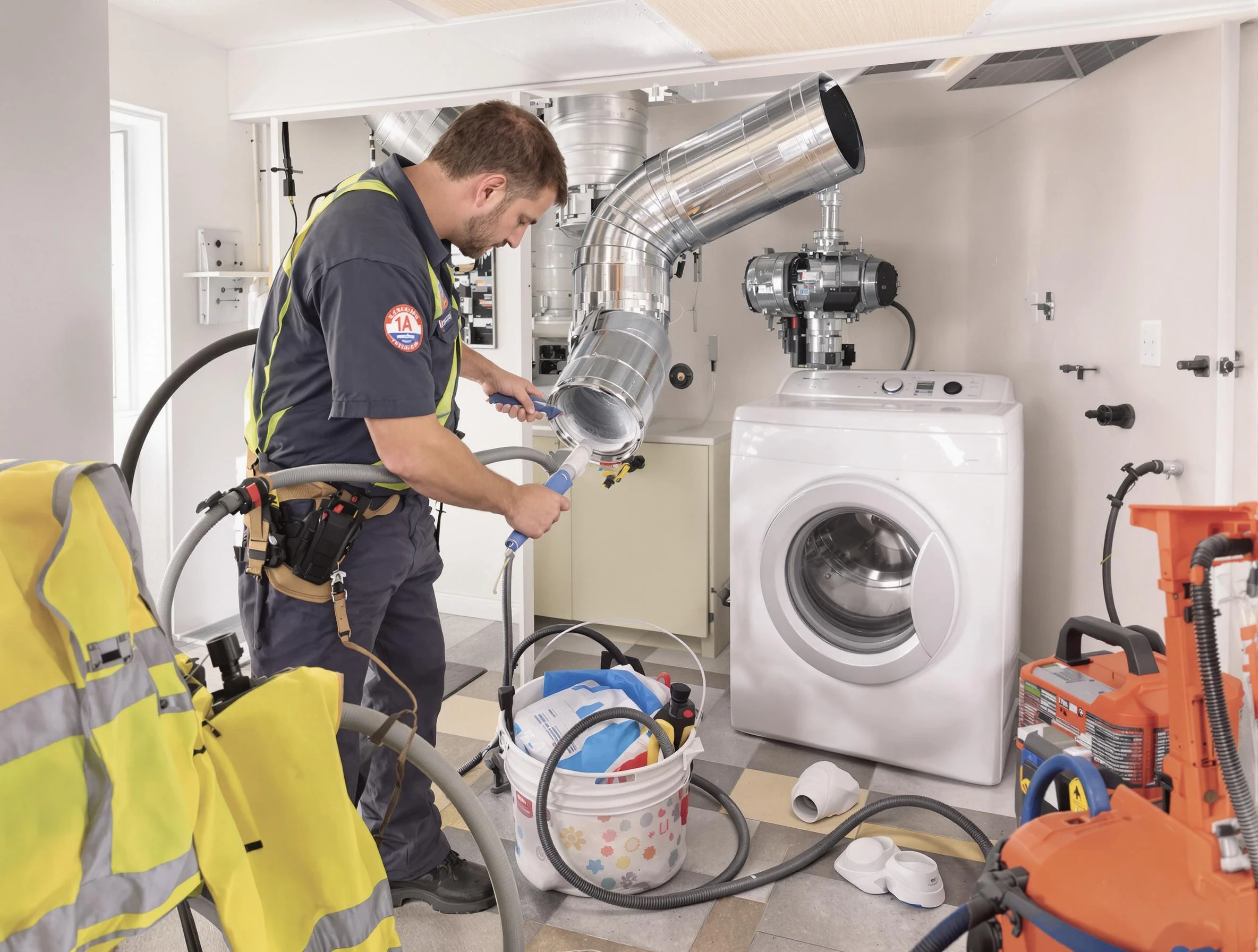 Pleasant Grove Dryer Vent Cleaning technician using specialized equipment to clear severe dryer vent blockage in Pleasant Grove